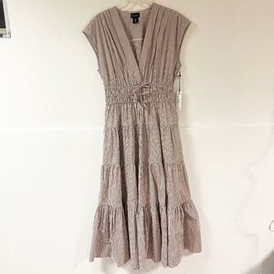 Nicole Miller Tiered Taupe Striped Maxi Dress V Neck Womens Sz M NWT Cap Sleeve